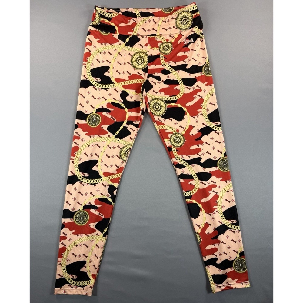 Le Tigre Women's Leggings L Pink Camo Chain Print Stretch Logo Athletic